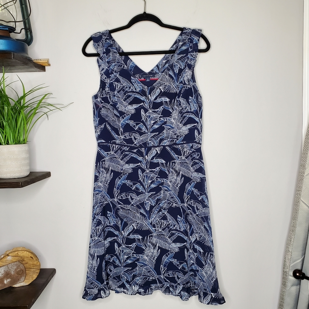 Tommy Hilfiger Navy Palm Print Ciffon Ruffle Dress